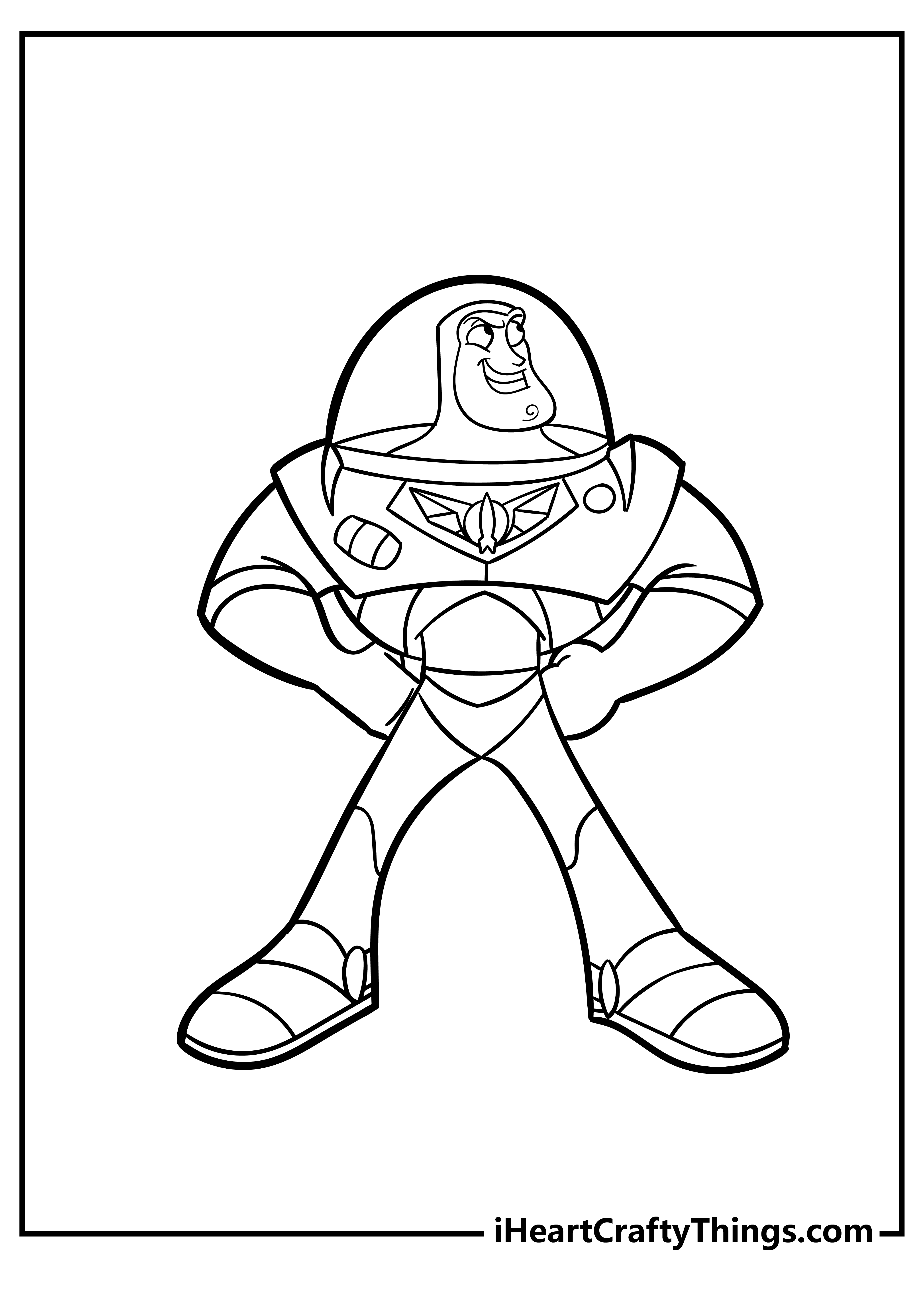 Free printable sheet featuring Buzz Lightyer posing with hands on his hips and legs spread widely