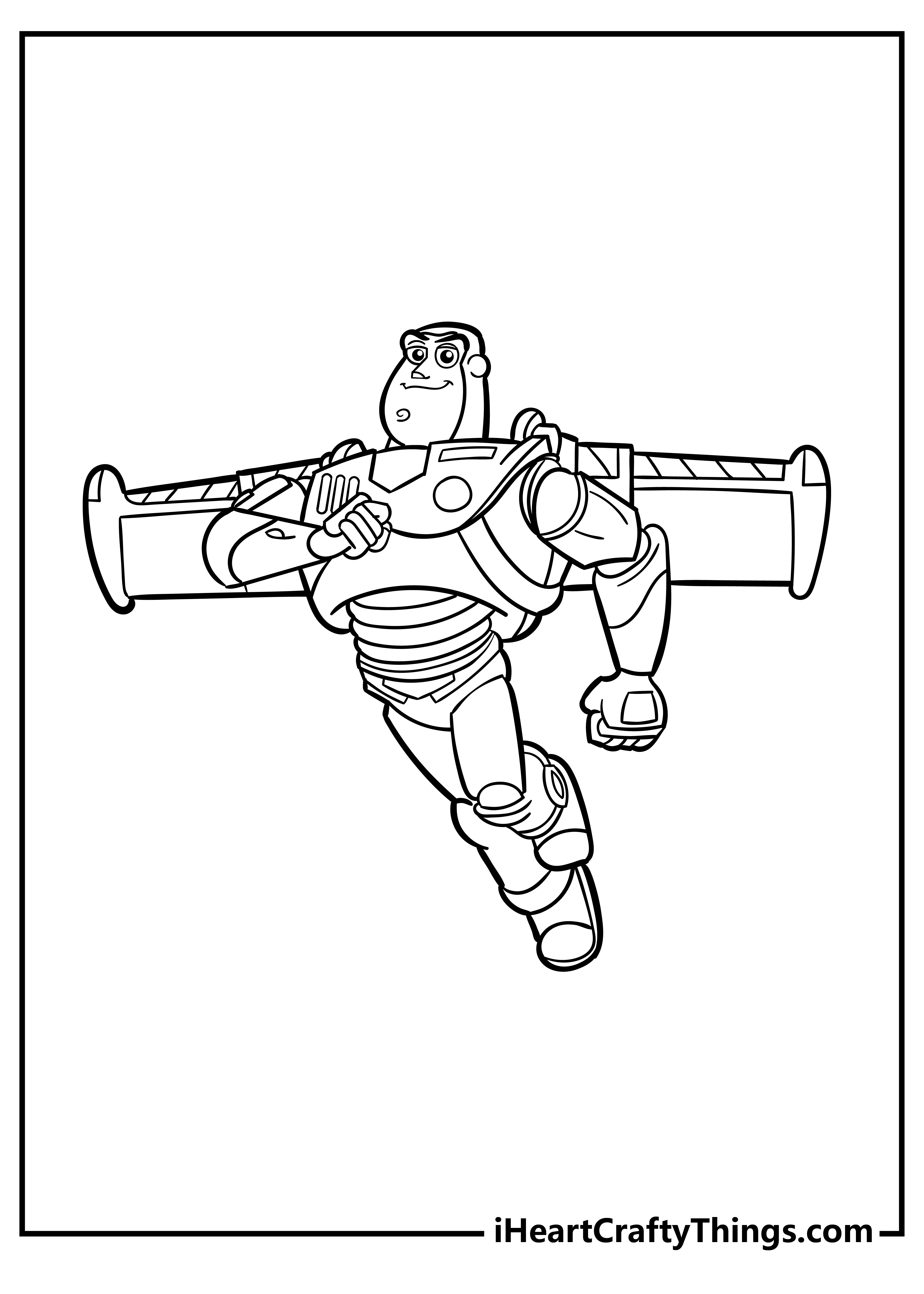 Cartoon coloring page featuring Buzz Lightyer soaring through the air with extended wings