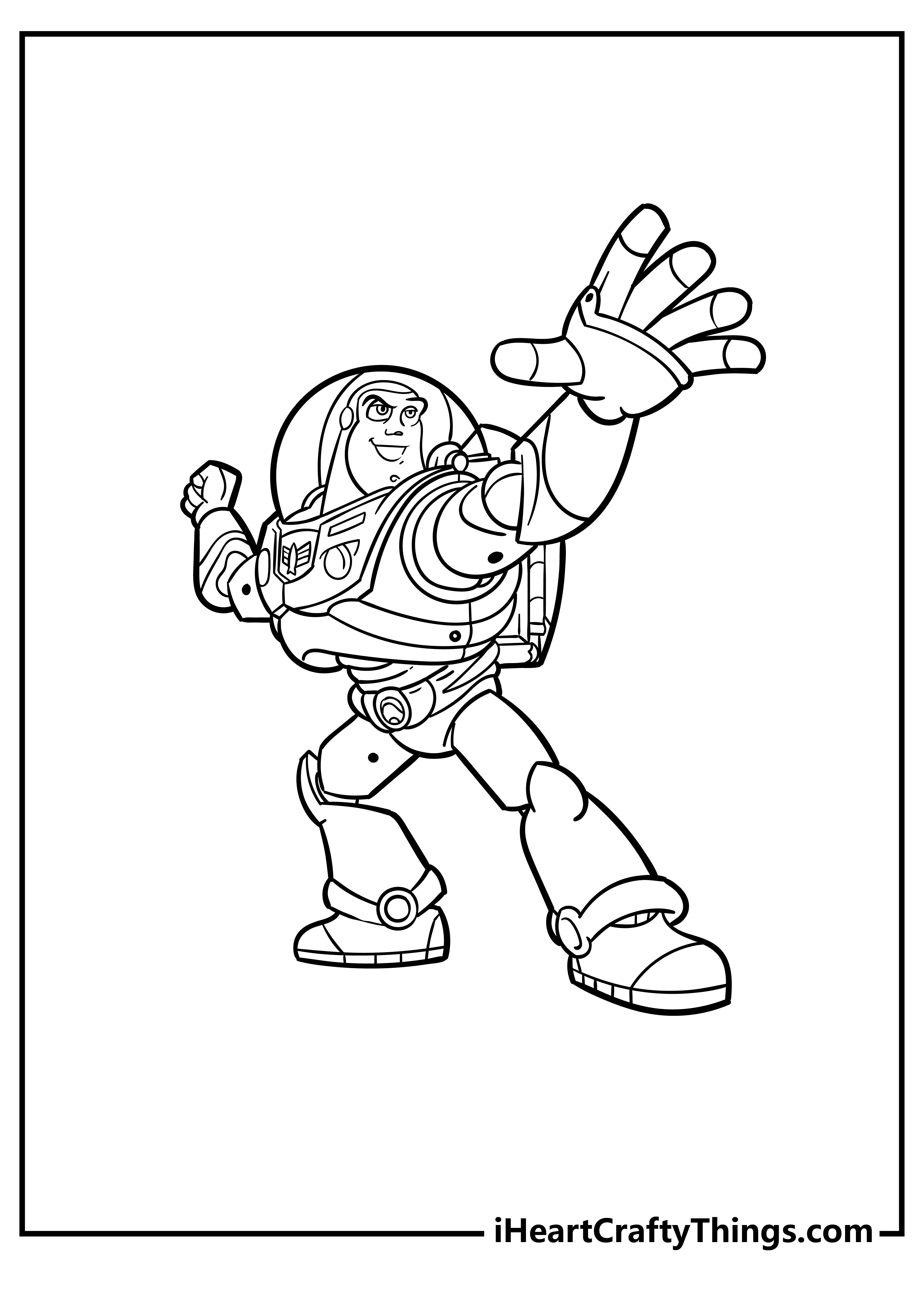 Coloring picture of a cartoony Buzz Lightyer presented as if he is facing off against an enemy