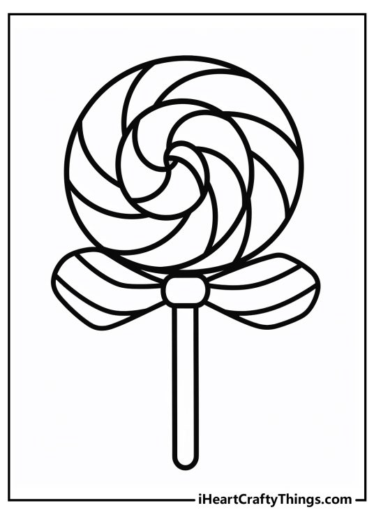 Detailed coloring picture for kids featuring swirly candy cane with a stripy bow