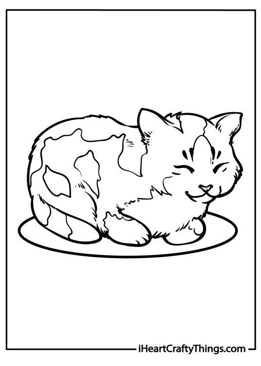 Printable sheet to color featuring a sleepy cat who is having a sweet dream on a cozy mat