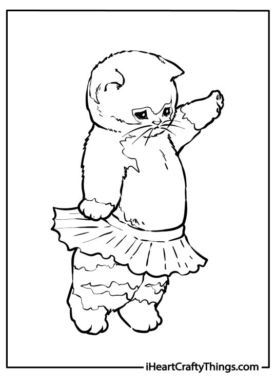 Picture to color of an adorable ballerina cat with fluffy fur wearing a tutu skirt