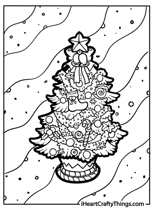 Christmas-themed picture presenting luxuriously decorated Christmas tree with wavy lines and dots in the background