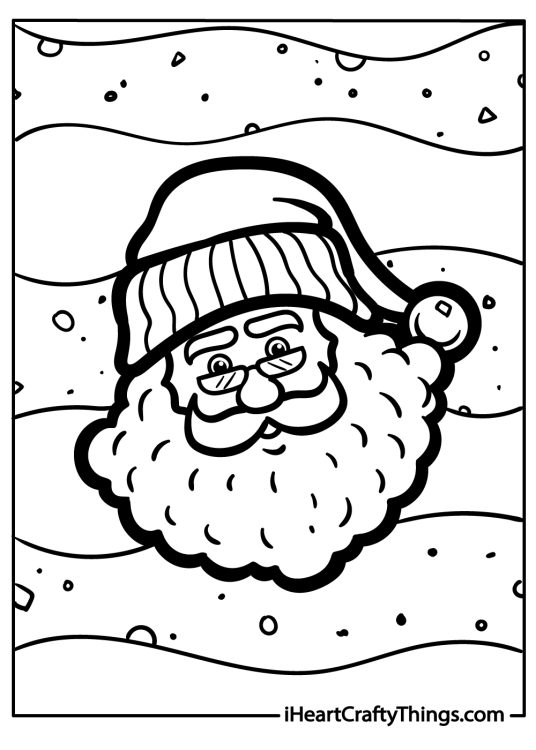 Christmas-themed coloring page for kids showing jolly Santas head with snowy background