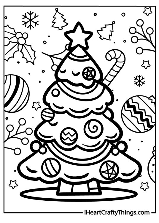 Printable image depicting decorated Christmas tree surrounded by various Christmas-themed shapes