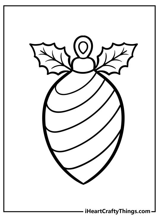 Christmas ornament-themed picture of an elongated shape bauble with some holly leaves poking off the top