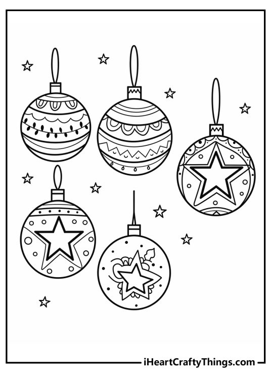 Coloring image featuring five Christmas ornaments decorated with intricate swirls lines dots and stars