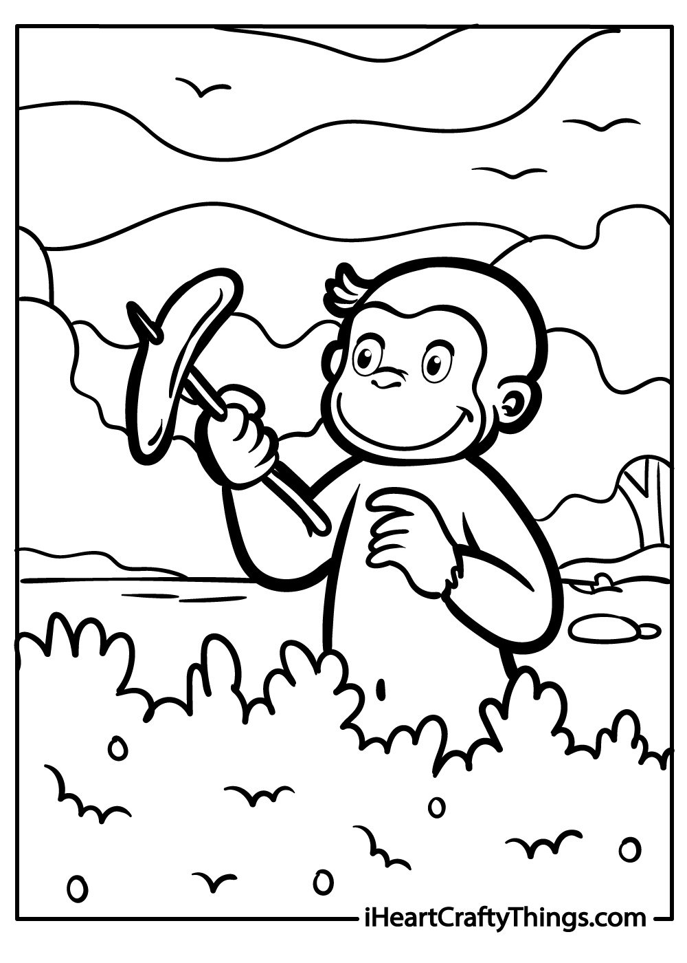 Free coloring picture of a Curious George holding banana on a stick surrounded by bushes and greenery