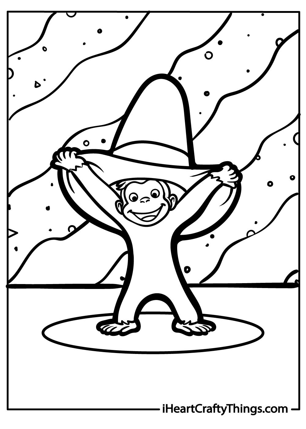 Printable pdf of a Curious George standing with his legs wide apart holding a large wizard hat