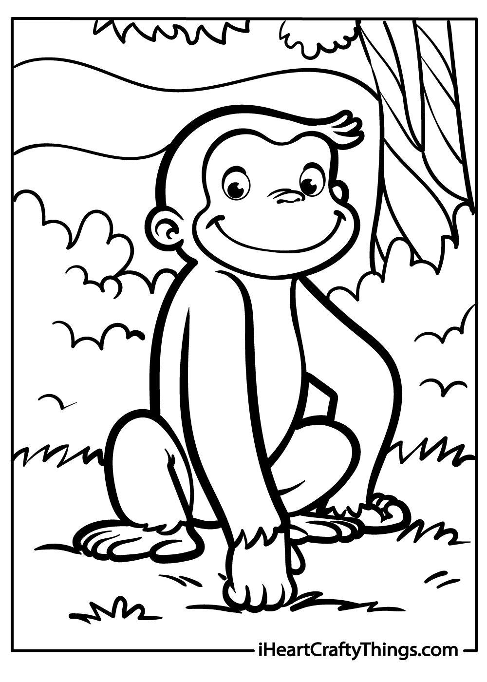 Detailed coloring pdf featuring happy Curious George sitting on his legs in the jungle