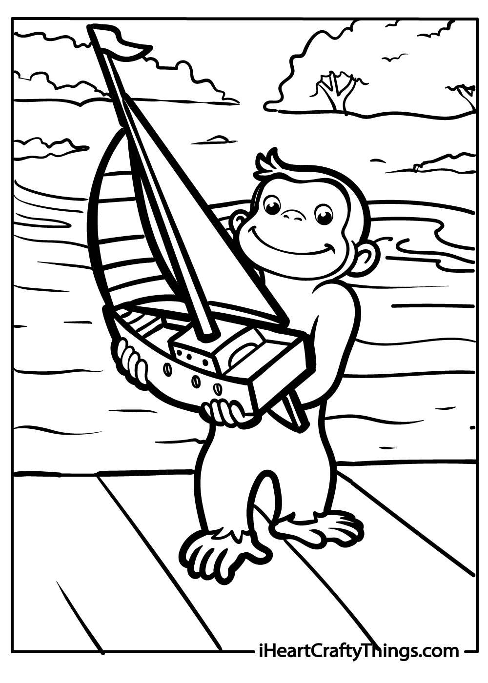 Coloring sheet featuring Curious George holding a sailboat standing surrounded by nature