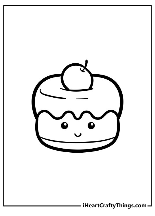Food-themed coloring page of a cute smiling little cake with a big round cherry on top