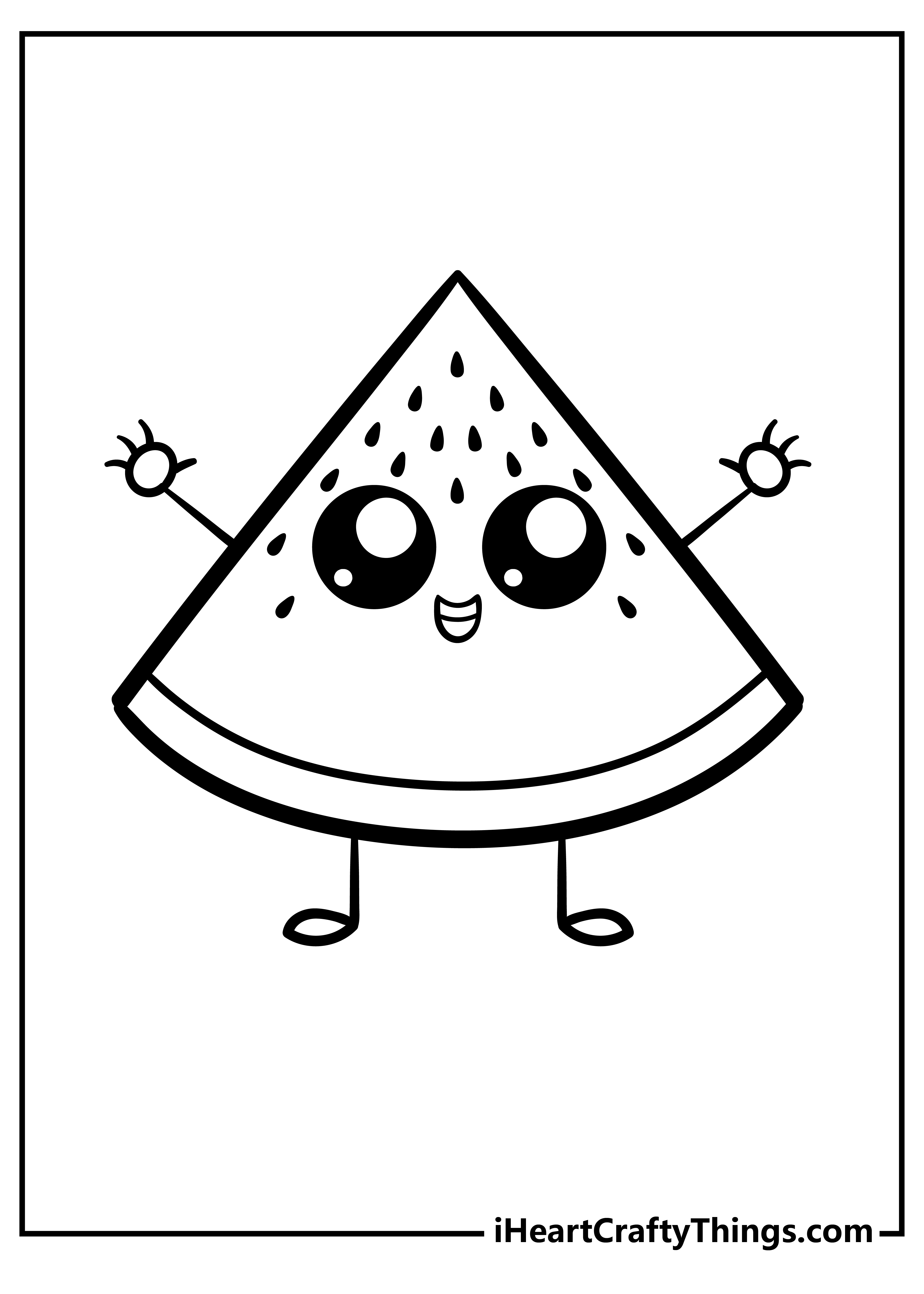 Printable coloring page of a cute slice of watermelon with large eyes and smiling mouth holding hands up