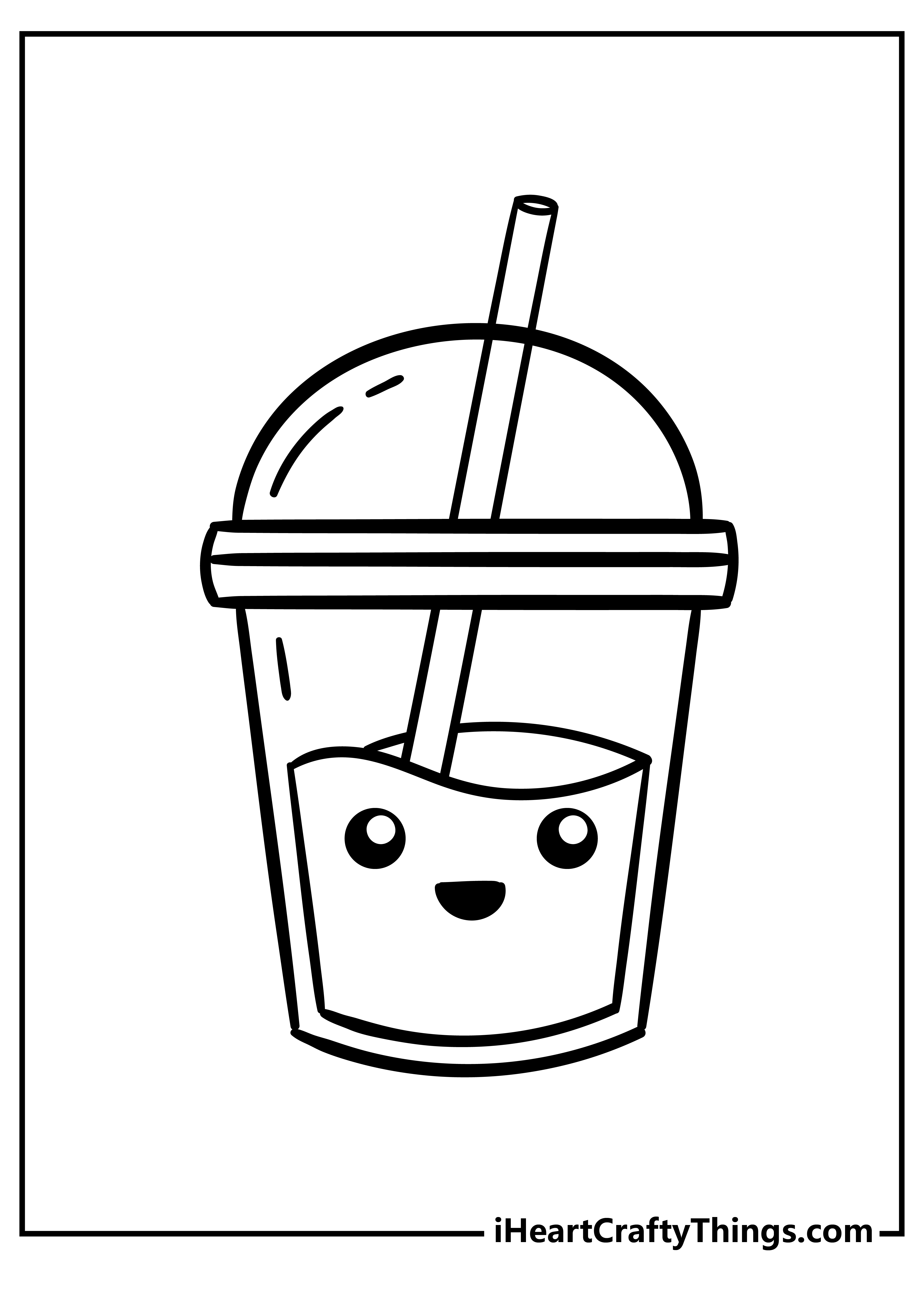 Food-themed coloring printable featuring tasty smoothie in a plastic cup with smiling face