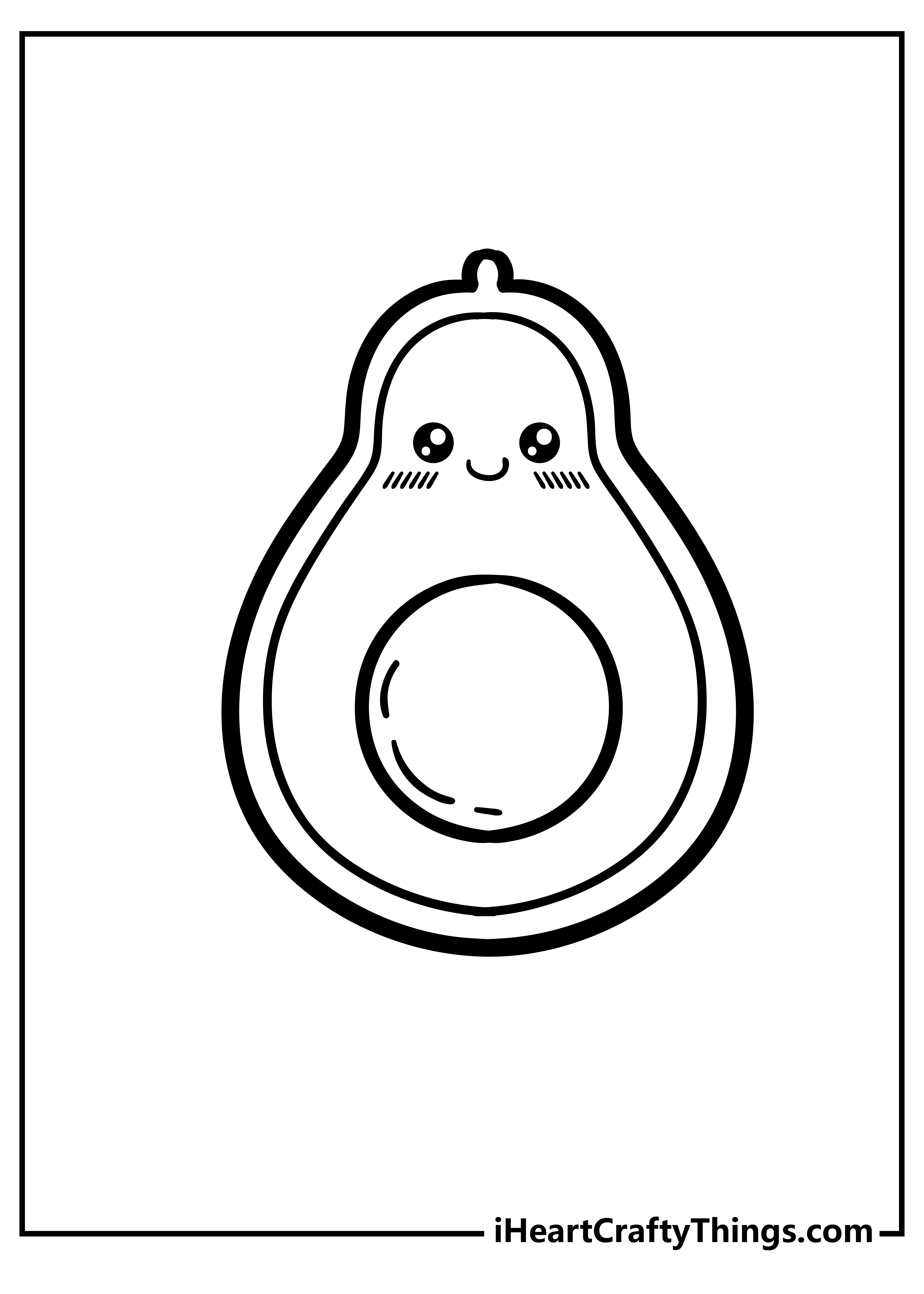 Simple food-themed printable picture to color featuring cute slice of avocado with smiling face