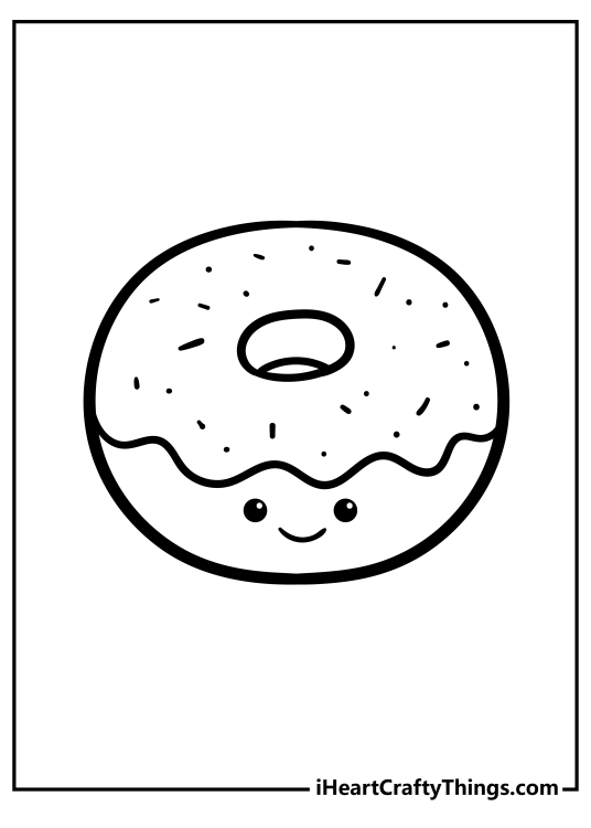 Free coloring page featuring cute donut with a lovely smile covered in icing and sprinkles