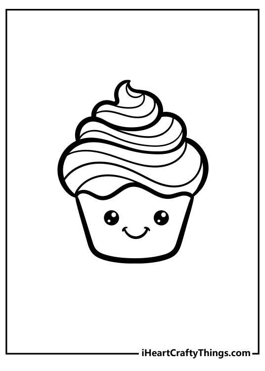Printable coloring pdf for kids of a sweet cupcake with smiling face covered with icing