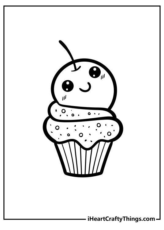 Printable coloring sheet featuring cute cupcake topped by a gigantic smiling cherry