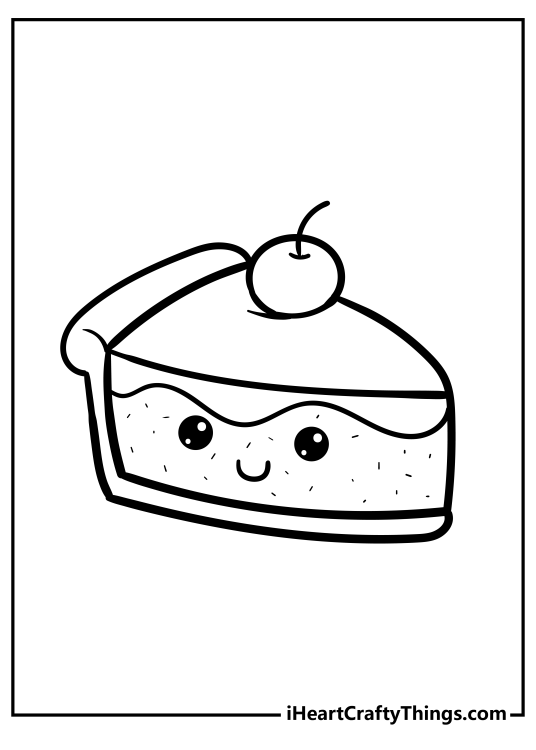 Free printable page for kids featuring slice of cake with smiling face topped with plump cherry