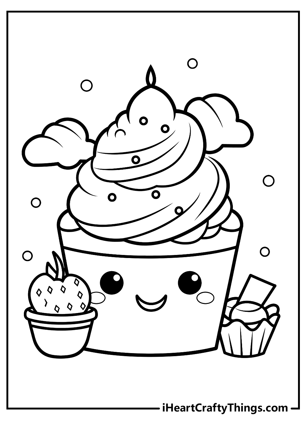 Coloring page of a cute cupcake with large swirl of frosting on top and another mini cupcake and strawberry next to it