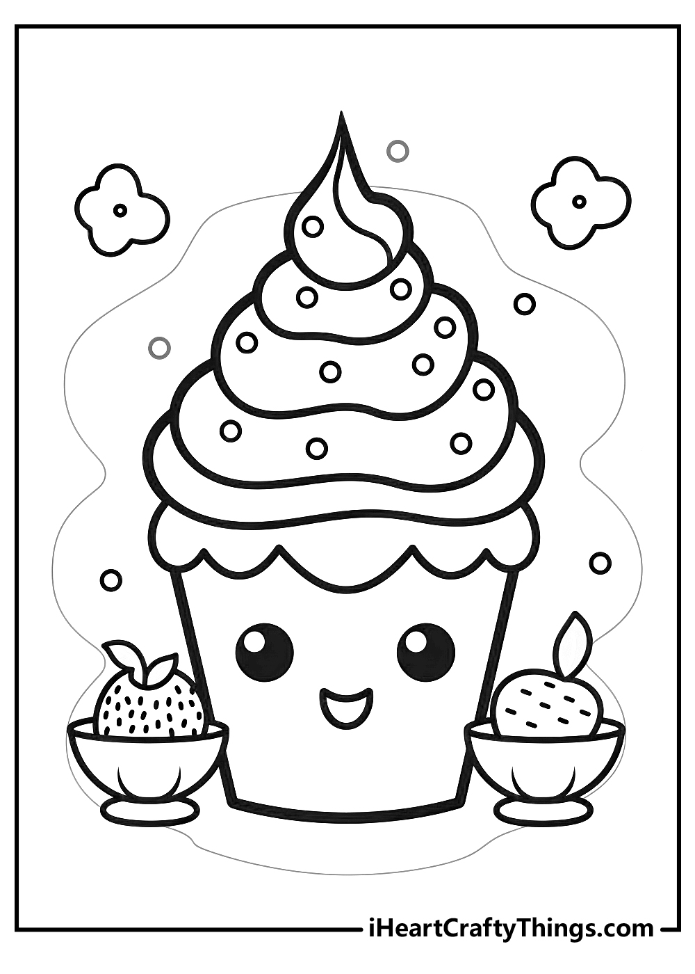 Detailed coloring page of an adorable cupcake with large swirl of frosting and two bowls with strawberries next to it