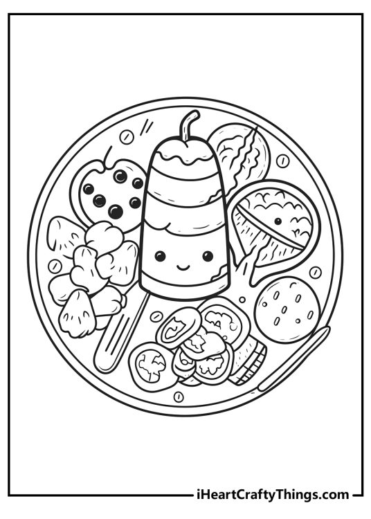 Printable picture of a plate filled with popsicle on a stick, strawberries, grapes, orange slices and lemon wedges