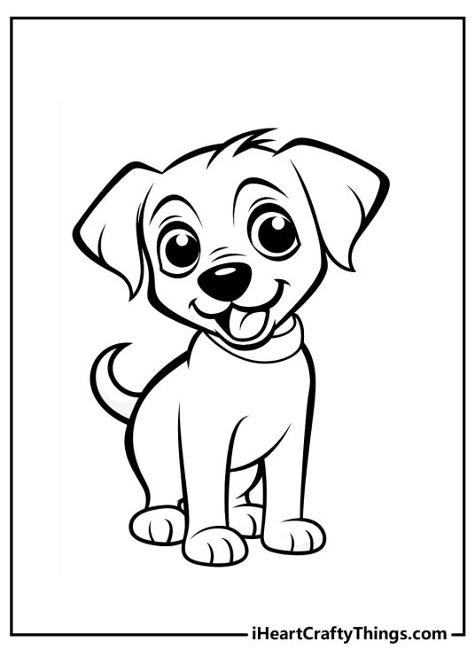 Free printable coloring picture for pre-schoolers featuring very happy puppy pal