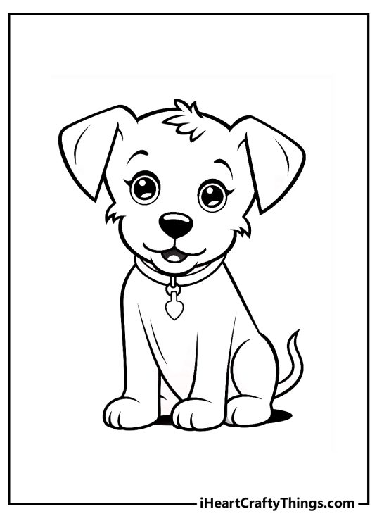 Coloring picture of a little puppy with round eyes black heart-shaped nose and a tag on its collar