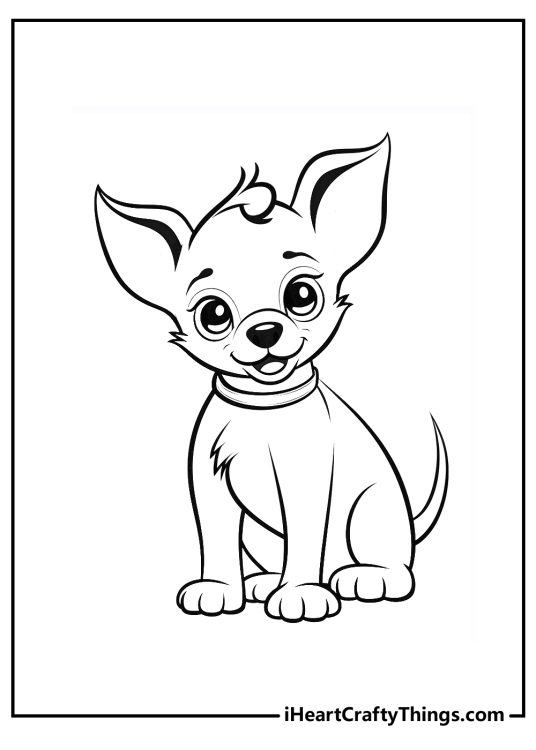 Dog-themed picture to print featuring little pup with big ears looking straight ahead with an interest