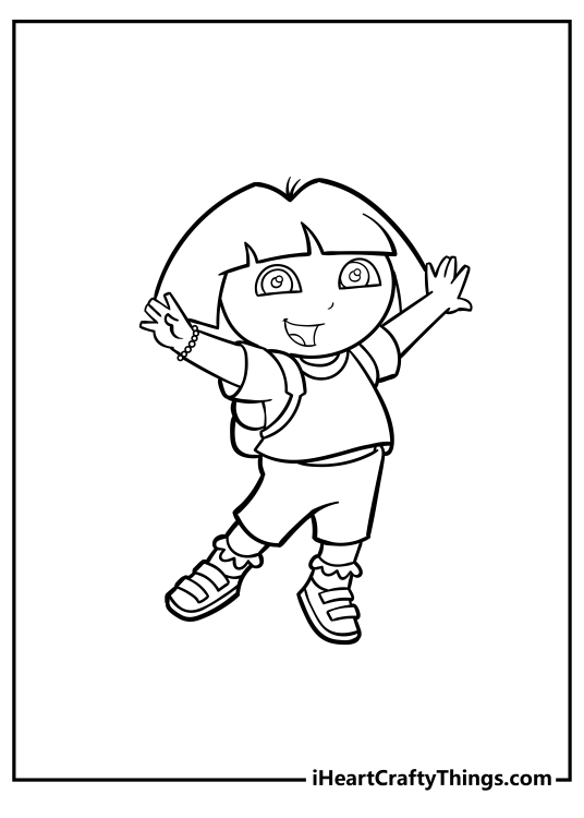 Detailed printable for children of an excited Dora the Explorer with hands opened widely