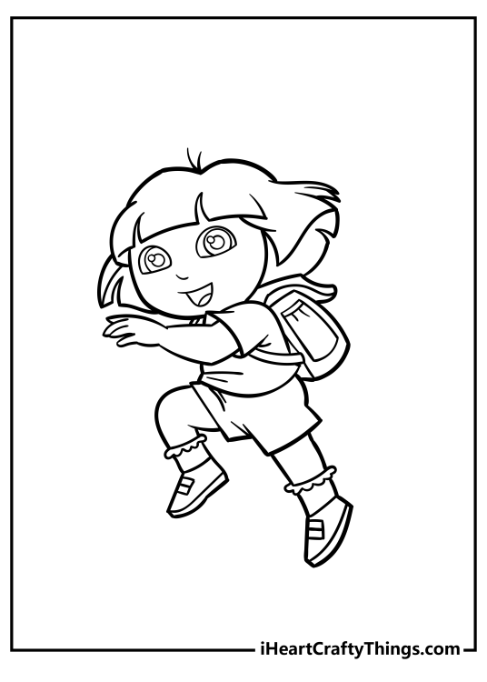 Adventurous and energetic Dora on a run with her backpack on free coloring printable for children
