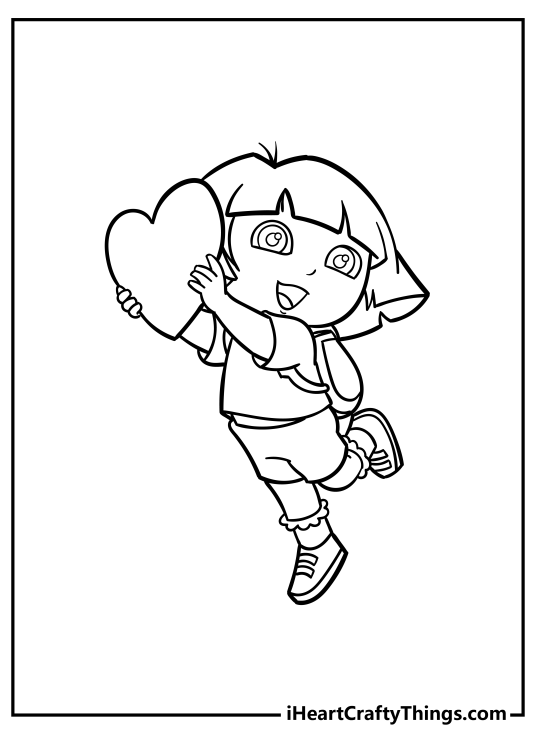 Black-and-white coloring sheet featuring little smiling Dora holding onto a big heart