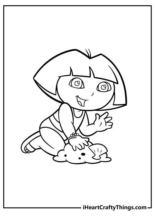 Coloring sheet for children of a little Dora exploring the beach and playing in the sand