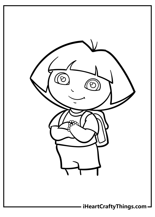 Coloring printable for kids featuring a close up Dora the Explorer with arms crossed