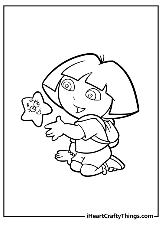 Free coloring printable featuring Dora sitting on her knees and trying to catch a starfish