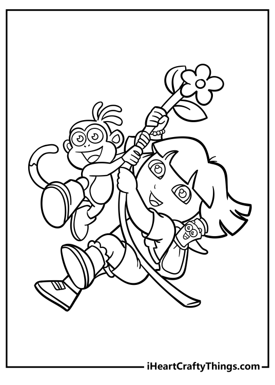 Printable pdf for kids featuring Dora and monkey Boots having fun while swinging from a vine
