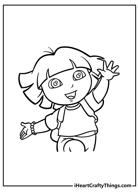 Black-and-white coloring sheet of a close up Dora running looking very happy and waving her left hand