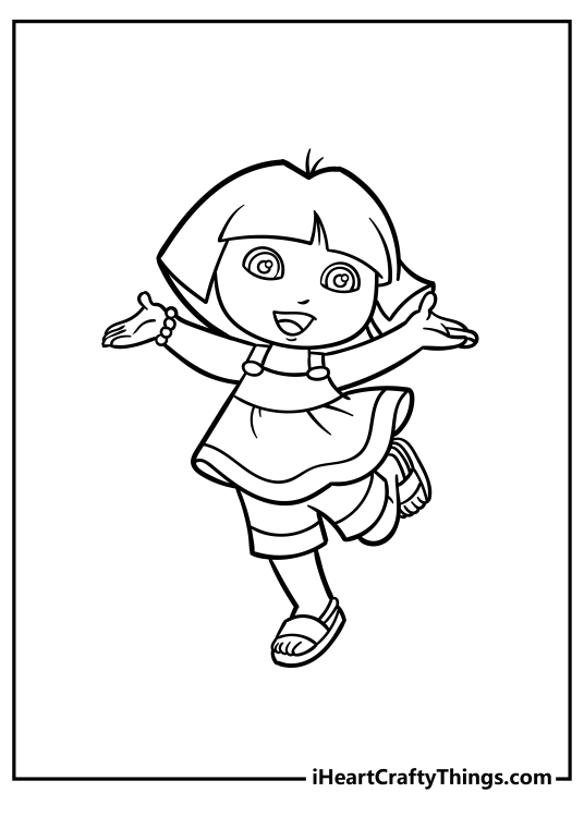 Detailed coloring sheet featuring happy Dora posing with opened mouth, hands and left leg up