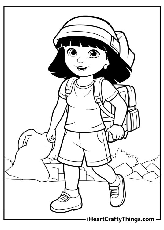 Coloring page featuring Dora on a walk with her backpack, hat and cute outfit with a forest background