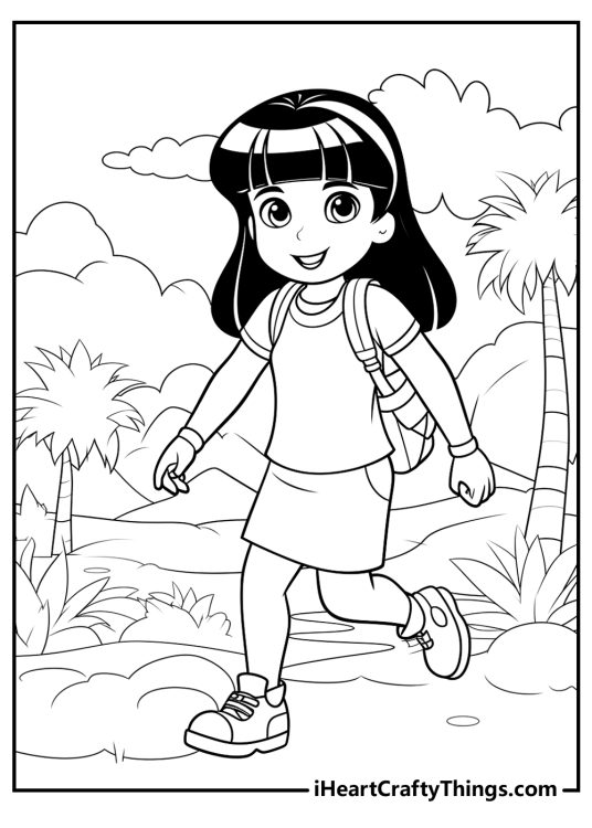 Coloring sheet for kids of a Dora happily walking down a forest path with palms in the backgorund