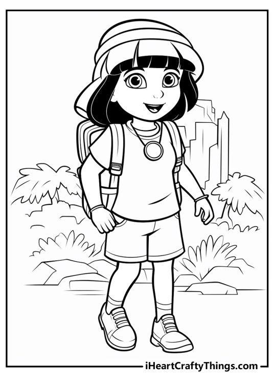 Dora on a walk in the forest with a magnifying lens hanging around her neck coloring page for kids