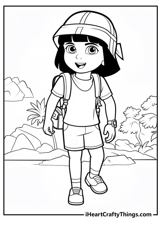 Printable poster of a Dora posing outdoors with a backpack and a hat on ready to explore nature