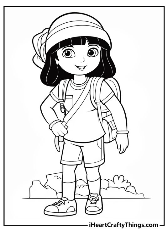 Printable page featuring Dora outdoors dressed for exploring in her shirt, shorts, hat and sneakers