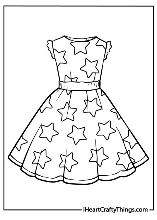 Coloring pdf featuring sleeveless tea-length dress with a round neckline and starry pattern