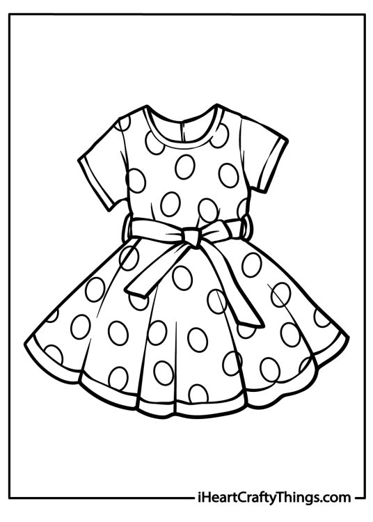 Free printable coloring page depicting kids dress decorated with big bold polka dots