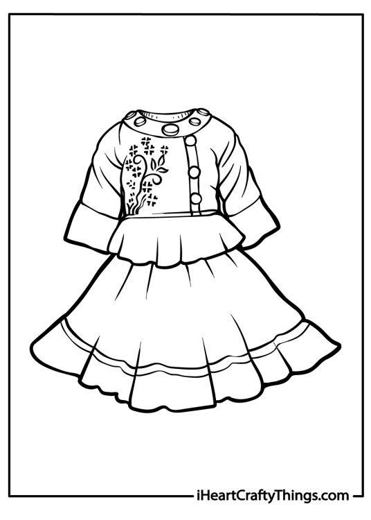 Detailed coloring image of a three-quarter-sleeved dress with round collar and buttons down the front