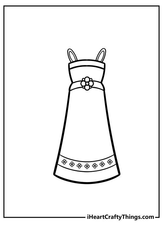Printable drawing of a modest long dress with floral belt and some flowers at its bottom