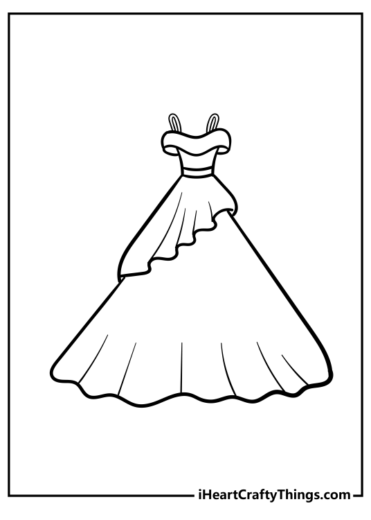 Free printable coloring sheet for adults featuring fancy party dress with layered effect