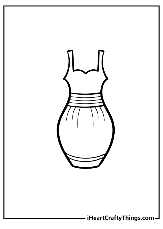 Coloring page presenting short elegant sleeveless dress with a band around the waist