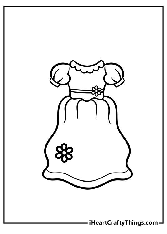 Coloring picture of a pretty vintage dress for girls with floral elements and puff sleeves